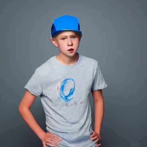 Prompt: a full body shot of an average white, short teenage boy with blue colored hair, wearing a red backwards cap, white t - shirt with a red no symbol on it, blue long pants and red shoes, holding a microphone, studio lighting, photoshoot, grey background