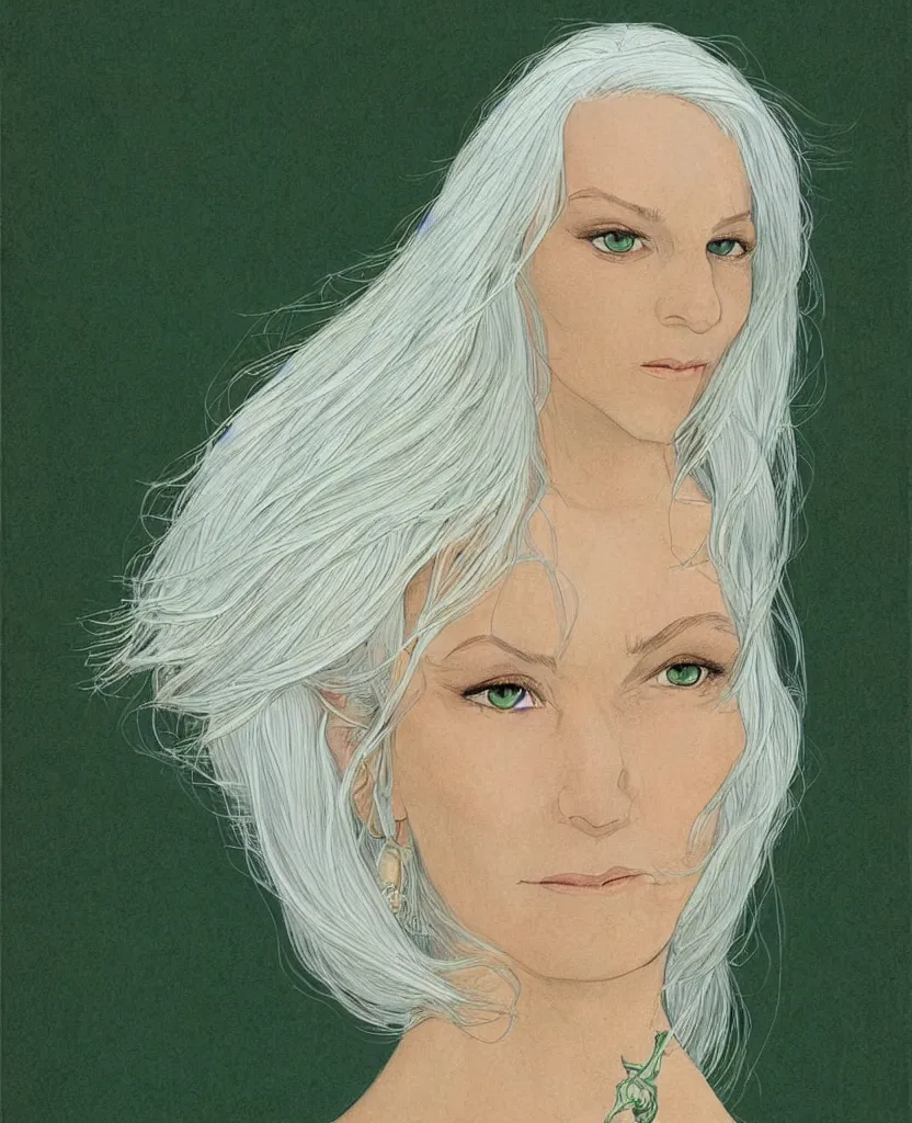 Prompt: beautiful woman with white hair and green eyes, full body, portrait, elegant, dusk, illustration, art by moebius Jean Giraud