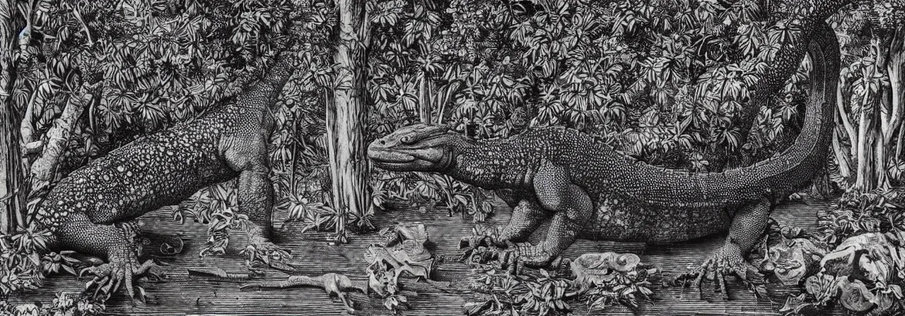 Prompt: Elaborate wallpaper print of A Komodo Dragon and a Giant spotted egg in the clearing of a sacred grove in the style of Albrecht Durer and Martin Schongauer, high contrast!! finely carved woodcut engraving black and white crisp edges