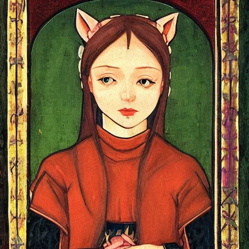 Prompt: a medieval portrait masterpiece of a cute and pretty catgirl, highly detailed and symmetrical, beautiful composition and lightning, gorgeous colour palette