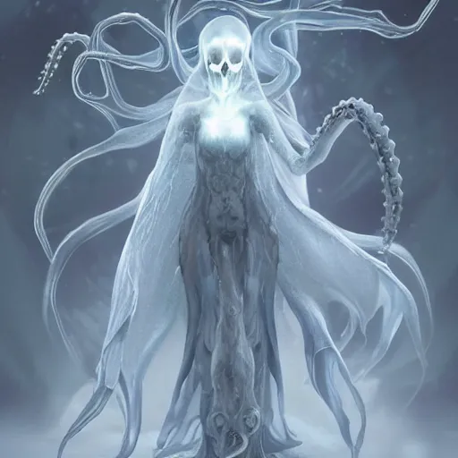 Image similar to concept designs of an ethereal ghostly wraith like figure with a squid like parasite latched onto its transparent skull and long tentacle arms that flow lazily but gracefully at its sides like a cloak while it floats around a frozen rocky tundra in the snow searching for lost souls and that hides amongst the frosted trees, this character has hydrokinesis and electrokinesis for the franchise Bloodborne in the style of arcane the series on netflix