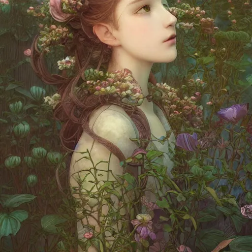 Prompt: aerith gainsborough, intricate, elegant, highly detailed, smooth, sharp focus, award - winning, masterpiece, in the bloom greenhouse, atmospheric lighting, perfect shadow, in the style of tom bagshaw, cedric peyravernay, peter mohrbacher, louis comfort tiffany, victo ngai, pinterest, 4 k hd illustrative wallpaper, chinese style