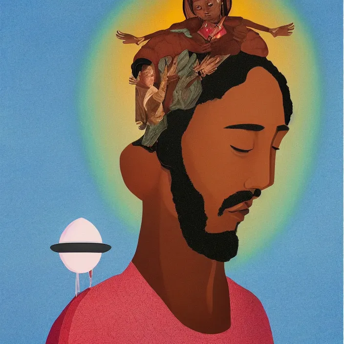 Prompt: a UFO hovering over the head of an African Jesus, a colourful painting by Hsiao-Ron Cheng,