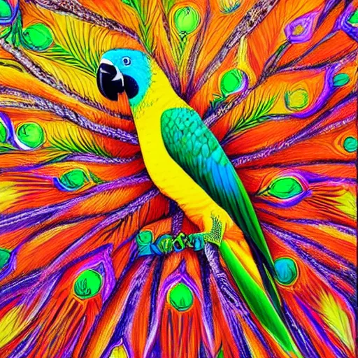 Prompt: a beautiful realistic painting of a parrot in the jungle, spreading its wings, symetrical, vibrant colors, ayahuasca, visionary art style