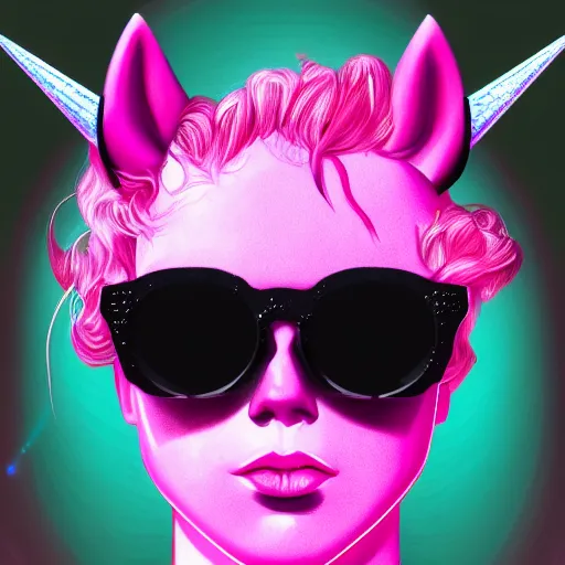 Prompt: A pink unicorn with sunglasses, synthwave style, fantasy, portrait, trending on artstation, detailed, award winning