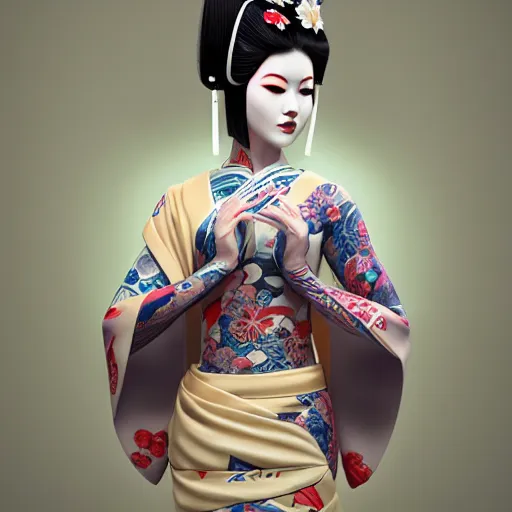 Image similar to an android geisha in a lotus position wearing a flowing kimono and tattoos, octane render, unreal engine, 8 k, cinematic, artwork by ilya kuvshinov