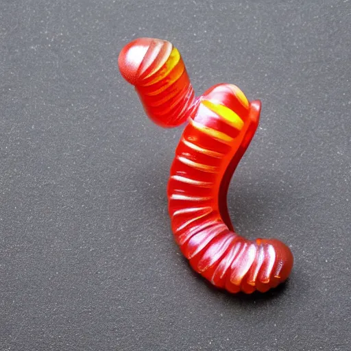 Image similar to a futuristic robot gummi worm. dramatic product lighting. it's a gummi with extra juiciness. but it's also a worm. ick.