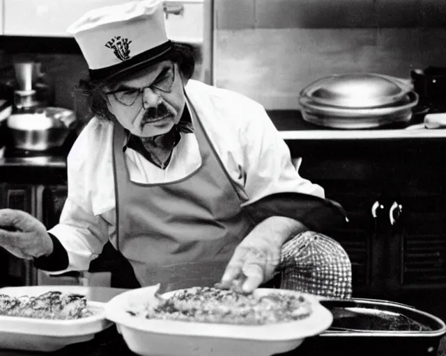 Image similar to candid photo of captain beefheart removing a lasagne from the oven