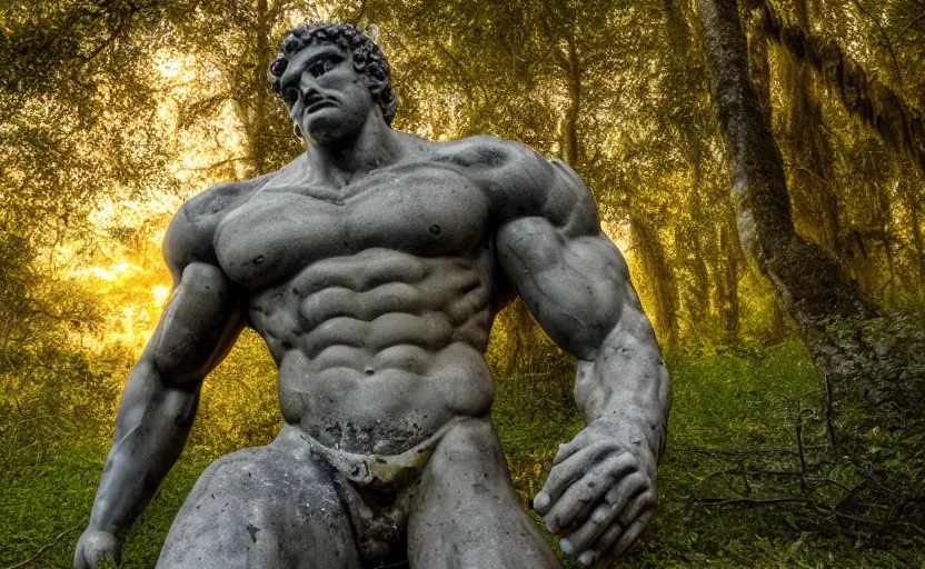 Image similar to a mossy greek marble statue of a very muscular man abandoned in the middle of a forest near a lake at sunset, concept art, godrays, complementary colors, calm, relaxing, beautiful landscape, highly detailed, high quality, 4k HDR, path tracing, serene landscape, high coherence, soft lighting