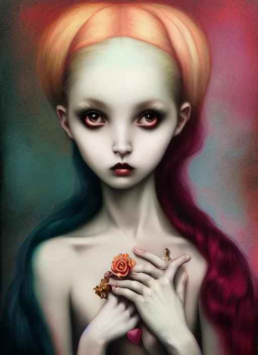 Image similar to pop surrealism, lowbrow art, realistic cute girl painting, japanese street fashion, hyper realism, muted colours, rococo, natalie shau, loreta lux, tom bagshaw, mark ryden, trevor brown style,