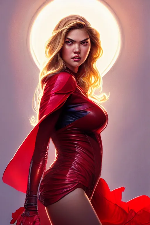 Prompt: kate upton as scarlet witch, realistic portrait, symmetrical, highly detailed, digital painting, artstation, concept art, smooth, sharp focus, illustration, cinematic lighting, art by artgerm and greg rutkowski and alphonse mucha