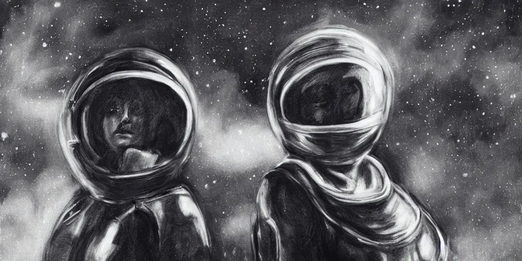 Prompt: charcoal portrait of a woman wearing a space helmet, scifi, big clouds visible in the background, stars in the sky, high contrast, deep black tones, charcoal smears