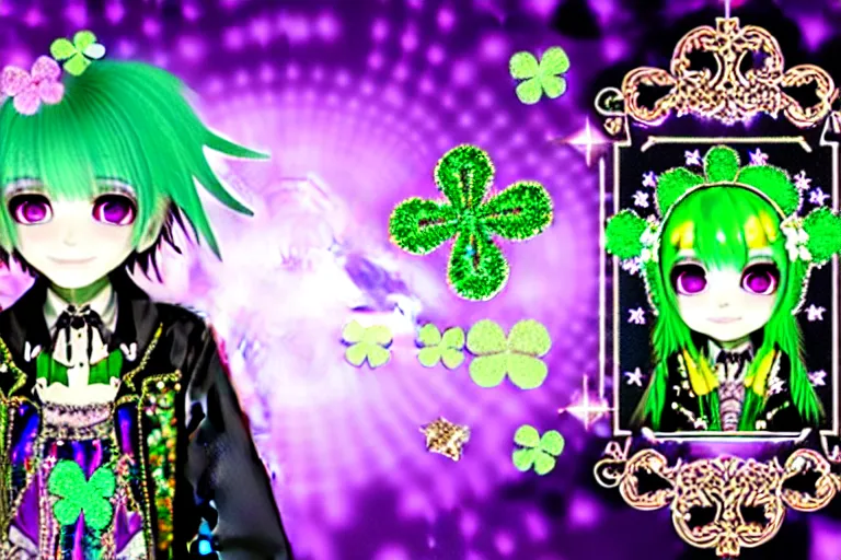 Image similar to baroque bedazzled gothic royalty frames surrounding a hologram of decora styled green haired yotsuba koiwai wearing a gothic spiked jacket, background full of lucky clovers, crosses, and shinning stars, holography, irridescent