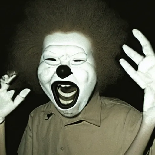 Image similar to creppy 2 0 0 3 photo of ronald mcdonald screaming in a dark room