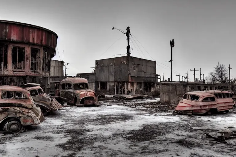 Image similar to low wide angle shot of dilapidated fallout 5, desolate rugged industrial area, few rusted retro futuristic vintage abandoned vehicles like cars, ( ( ( buses, trucks, trams ) ) ), volumetric lighting, photorealistic, foggy, early evening, winter, sharp focus, ultra detailed, 4 0 0 0 k