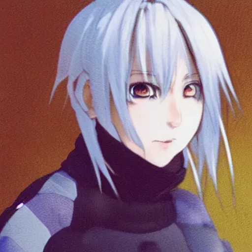 Image similar to “ realistic portrait of an anime girl with white hair, noisy film grain texture, three quarter angle, yoshitaka amano color palette ”