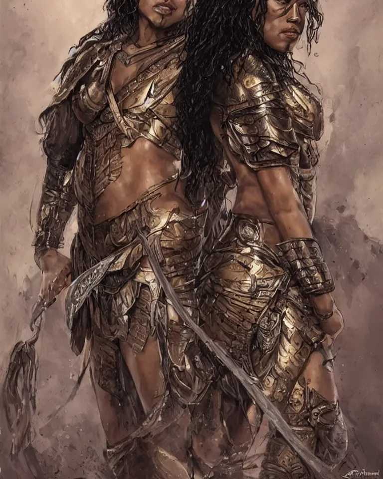 Prompt: tessa thompson as an amazon warrior, tall and beautiful with brown skin and long hair, but better, dressed in hellenistic body armor, intricate, elegant, highly detailed, smooth, sharp focus, detailed face, art by ardian syaf