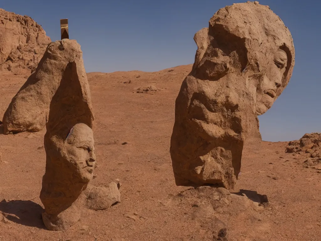 Image similar to levitating bene gesserit rock statue with full - face golden mask in a dry rocky desert landscape, visible sky and sunny atmosphere, fata morgana and giant square mirrors by alejandro jodorowsky, anamorphic lens, kodakchrome, practical effects, masterpiece, 8 k