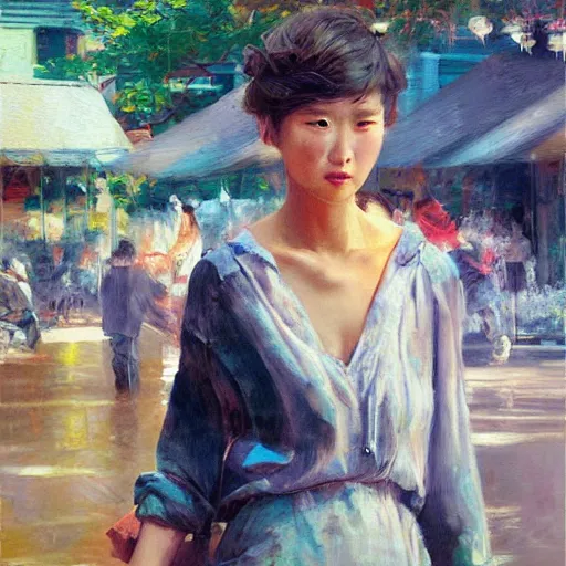 Prompt: market, sun rays, vogue cover, oil painting, detailed brush strokes, impressionism, art by tooth wu and wlop