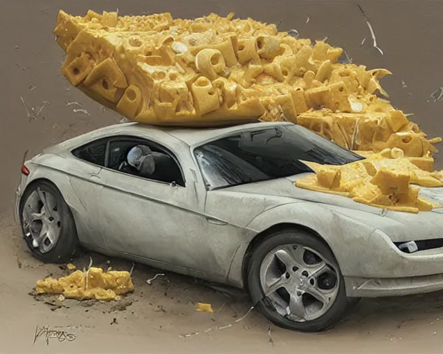 Image similar to a car made of cheese, many holes, concept art by joao ruas, highly detailed, hyperrealistic, artgerm, Tomasz Alen Kopera, Peter Mohrbacher, donato giancola, Joseph Christian Leyendecker, WLOP, Boris Vallejo