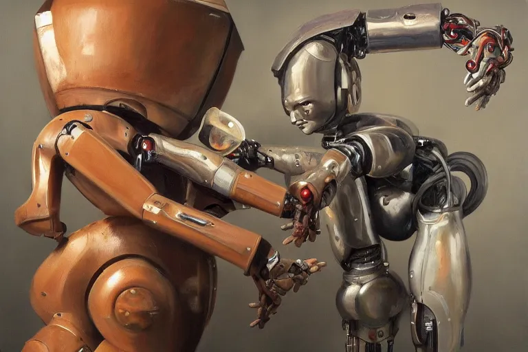 Image similar to oil painting of a human artist and a robot fighting, highly detailed, 4k, trending on artstation, realistic human, detailed human body, human = man