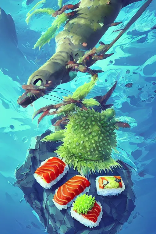 Image similar to 3 d render creature animal sushi cristal very big eye roots cactus elemental flush of force nature micro world fluo fishscale, comics gta 5 cover, official fanart behance hd artstation by jesper ejsing, by rhads, makoto shinkai and lois van baarle, ilya kuvshinov, ossdraws