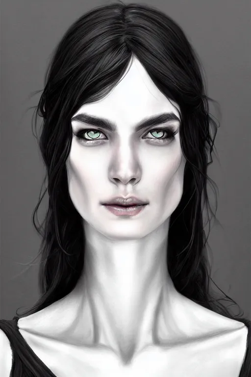 Image similar to ultra realistic style illustration of an androgynous gorgeous witch with shoulder length black hair pale skin and beautiful eyes, headshot, sci - fi, fantasy, intricate, elegant, highly detailed, digital painting, artstation, concept art, smooth, sharp focus, illustration, 8 k frostbite 3 engine, ultra detailed