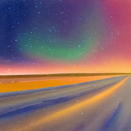 Image similar to water painting of an endless street in the desert at night, northern lights