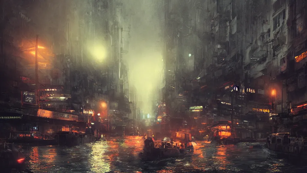 Prompt: dramatic Photorealistic, Matte Painting of a tug boat with bright head lights exploring a busy post apocalyptic deep flooded Hong Kong city street at night,dark Tall buildings by Greg Rutkowski,Craig Mullins,Hyperrealism,Beautiful dramatic moody lighting,Cinematic Atmosphere,Octane Rendering,8K