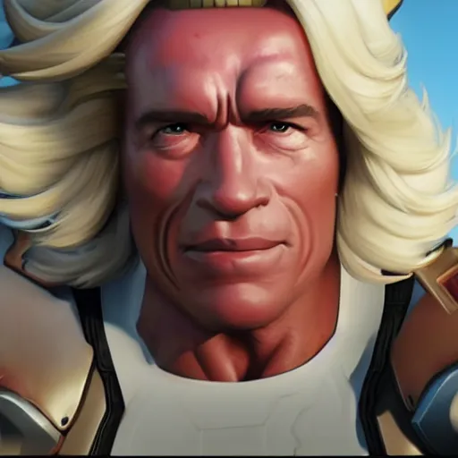 Prompt: a screenshot of arnold schwarzenegger as mercy in overwatch