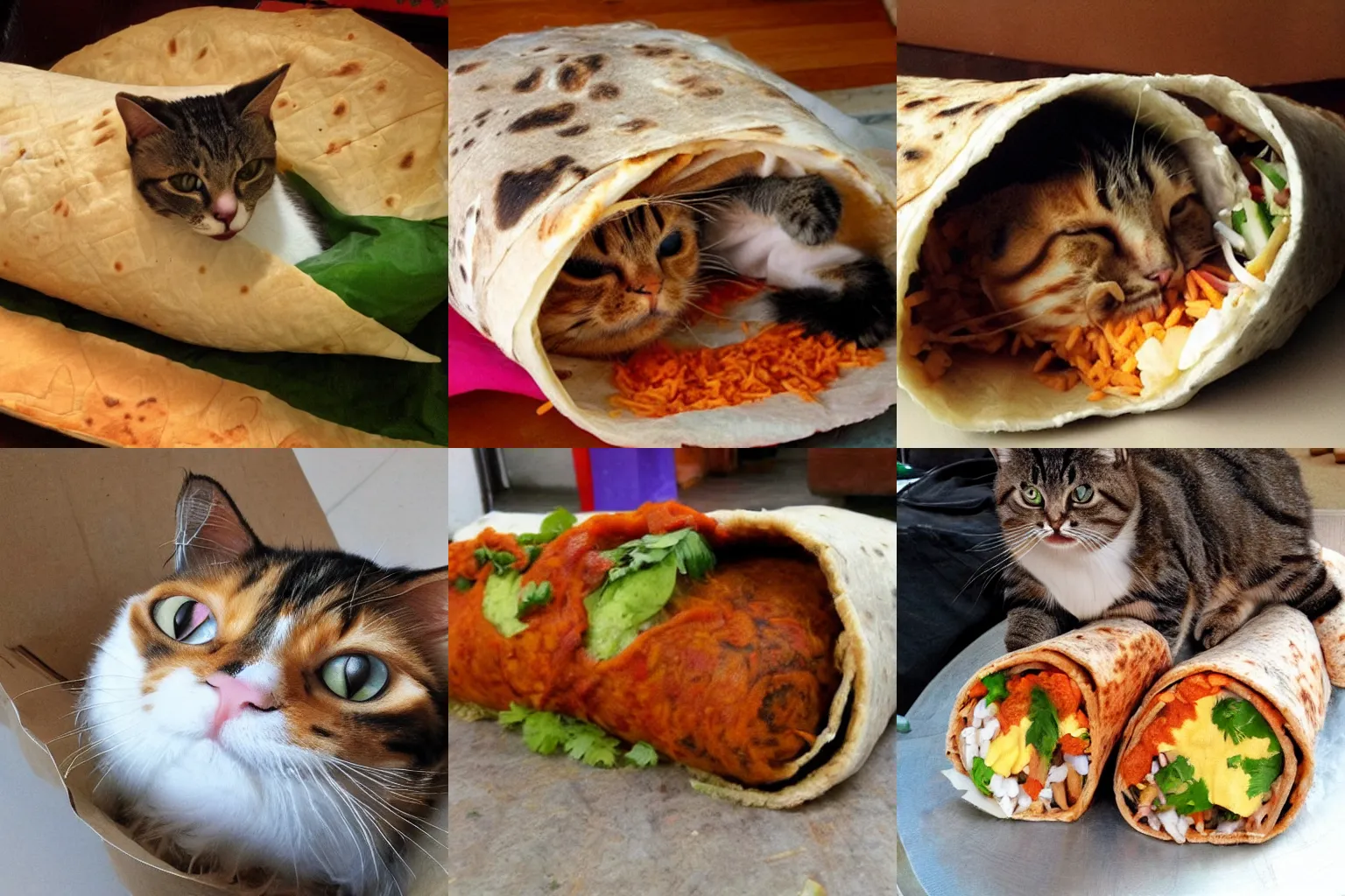 Prompt: cat rolled into burrito, indian style