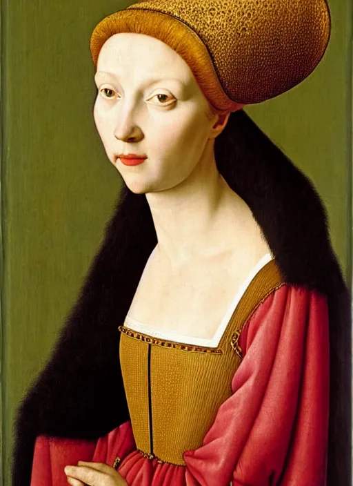 Image similar to portrait young woman young woman in renaissance dress and hat, art by jan van eyck,