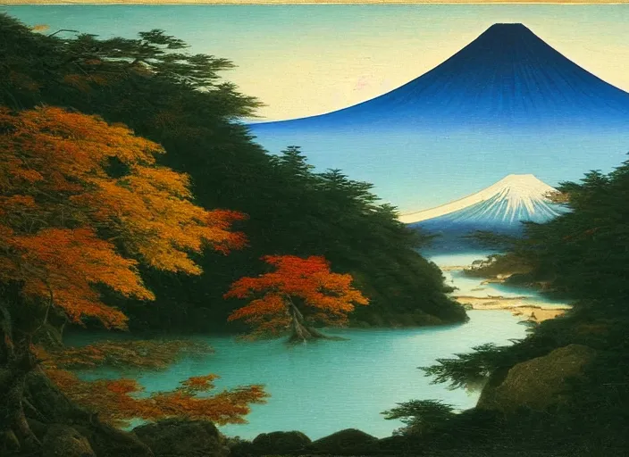 Image similar to fuji - hakone - izu national parks, japan in the style of hudson river school of art, oil on canvas