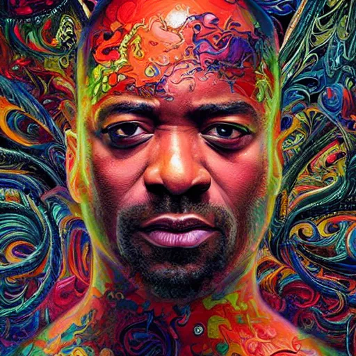 Image similar to portrait of chiwetel ejiofor, hyper detailed masterpiece, neon floral pattern, jean giraud, digital art painting, darkwave goth aesthetic, psychedelic, artgerm, donato giancola and tom bagshaw