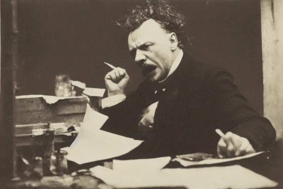 Image similar to wet plate photograph, august strindberg angry shouting throwing papers and banging his fist on a secretary desk in a small messy viennese apartment, night time, alone, lamplight, victorian era, some large bugs, depth of field, very detailed, cigarette smoke, highly accurate, intricate