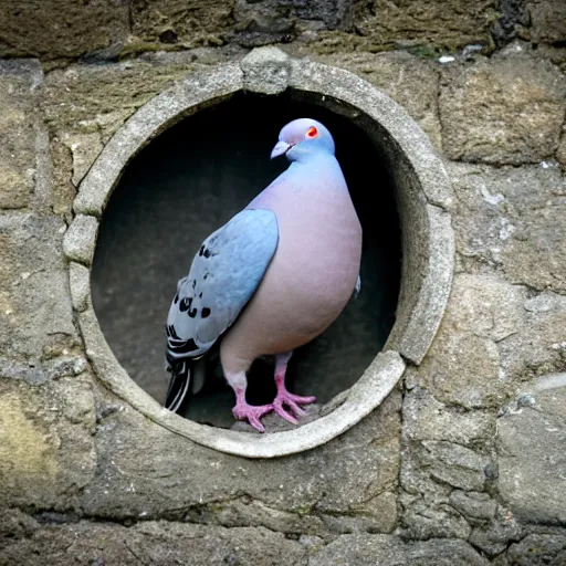 Prompt: a pigeon stuck in a loophole inside a medieval wall