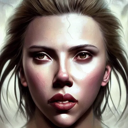 Image similar to detailed portrait of scarlett johansson as a cute werewolf monster girl, beautiful, fantasy, intricate, elegant, highly detailed, digital painting, artstation, concept art, matte, sharp focus, illustration, art by aenaluck, artgerm and roberto ferri and greg rutkowski, epic fantasy, digital painting