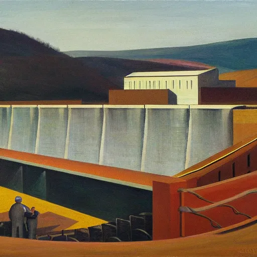 Prompt: hydroelectric dam, turbines, spillway, fish ladder, robot caretakers, grant wood, pj crook, edward hopper, oil on canvas