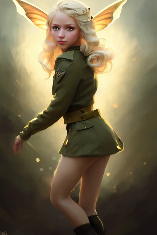 Image similar to cinematic shot of an epic portrait of a cute blonde fairy dressed in military clothes, stylised military clothes, shiny skin, beautiful eyes, beautiful, small details, night setting, realistic poster with volumetric light from craig mallism, artgerm, jeremy lipkin and michael garmash, unreal engine, radiant light, digital art, trends at art station, a masterpiece