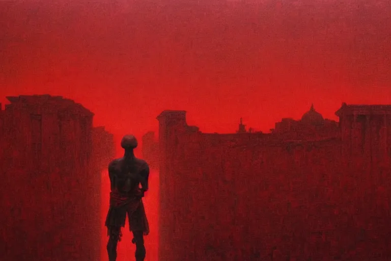 Image similar to only with red, caesar after war, a red tiger, in hoc signo vinces, rome in background, an ancient path, in the style of beksinski, part by hopper, part by rodcenko, part by hofbauer, intricate composition, red by caravaggio, insanely quality, highly detailed, masterpiece, red light, artstation