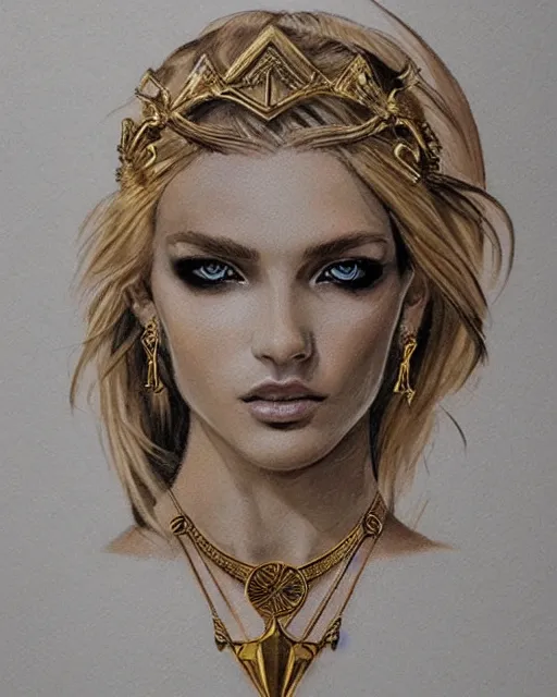 Image similar to tattoo sketch of blonde super model aphrodite greek goddess wearing a gold laurel wreath and triangle earrings, beautiful piercing gaze with sharp pupils, in the style of greg rutkowski, fantasy, amazing detail, epic, elegant, smooth, sharp focus, front view