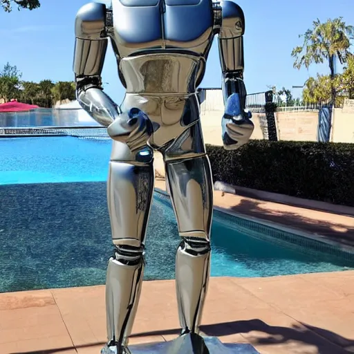 Image similar to a realistic detailed photo of a guy who is an attractive humanoid who is half robot and half humanoid, who is a male android, wrestler nick suriano, shiny skin, posing like a statue, blank stare, by the pool, on display, showing off his muscles, humanoid robot, frozen ice statue