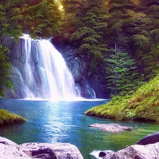 Prompt: peaceful beautiful waterfall, matte painting