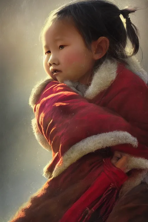 Image similar to Tibetan little girl, joyful, close-up portrait, intricate, elegant, volumetric lighting, scenery, digital painting, highly detailed, artstation, sharp focus, illustration, concept art, ruan jia, steve mccurry