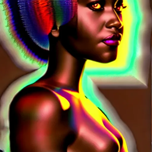 Image similar to centered girlboss portrait of african goddess of nature, symmetrical face, chiaroscuro, iridescent feathers 3 d subsurface scattering, character concept art, by artgerm