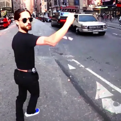 Image similar to bodycam footage of jared leto going crazy pointing a knife at people, new york streets, wide angle, fisheye, uhd, 4 8 0 p, bodycam, paparazzi, bad quality