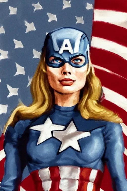Image similar to A realistic portrait of margot robbie as captain america, highly detailed