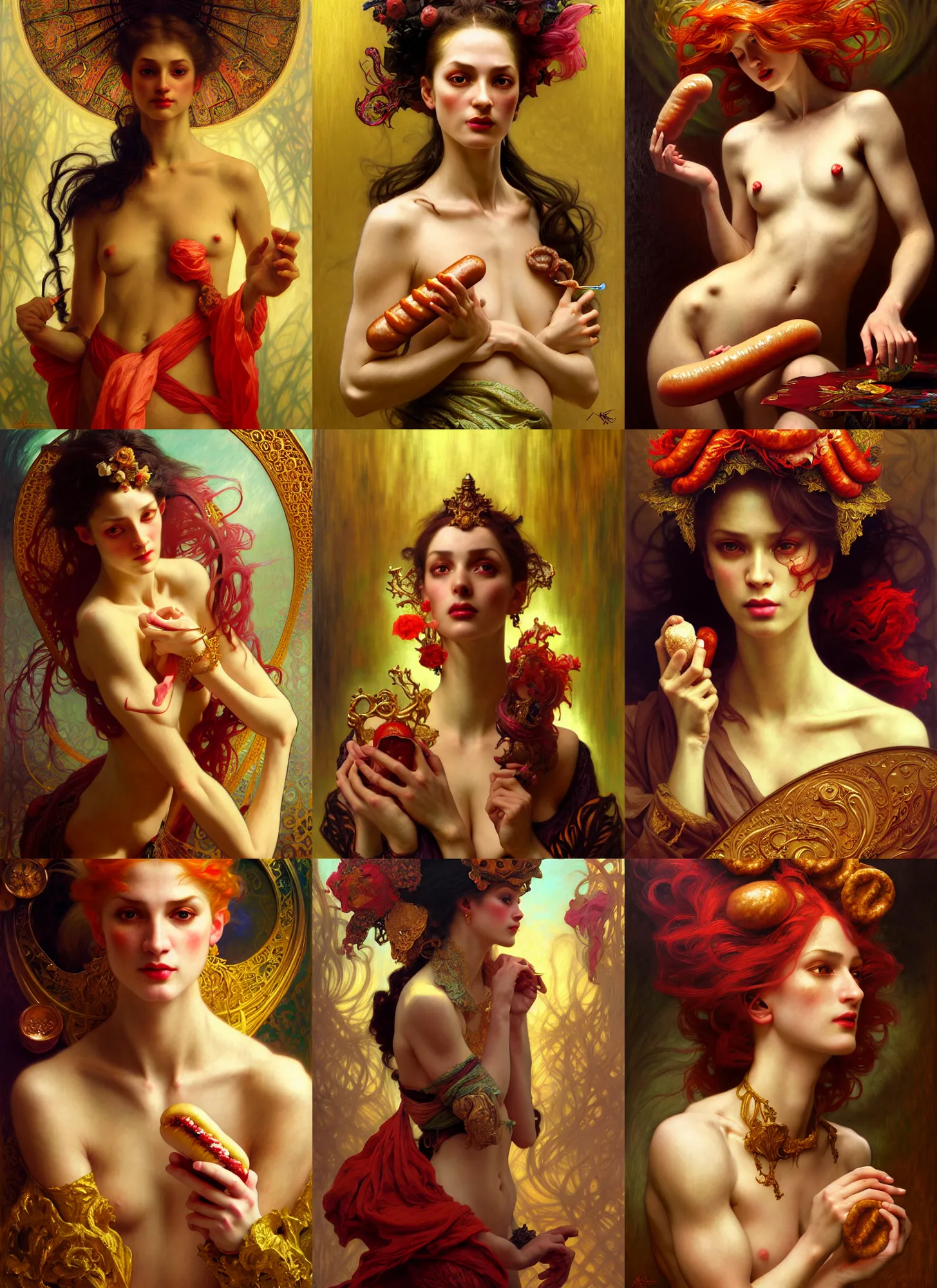 Prompt: Neo Rococo Expressionist, orientalism, diffuse lighting, fantasy, intricate, elegant, highly detailed, lifelike, photorealistic, digital painting, artstation, illustration, concept art, smooth, sharp focus, hotdogs, art by John Collier and Albert Aublet and Krenz Cushart and Artem Demura and Alphonse Mucha