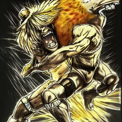 Image similar to one hero wrestling with one lion in the middle of an arena, crowd of people, pencil art, added detail, high definiton, colored, aerial viewyoji shinkawa