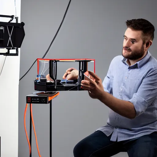 Prompt: josef prusa showing prusa 3 d printer high end photoshoot